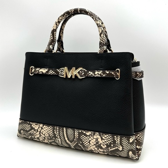 Michael Kors Reed Large Leather Belted Satchel Crossbody Bag Black Snakeskin - Picture 1 of 13